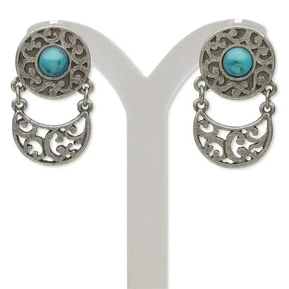 Rustic Antique Silver Filigree Faux Turquoise Stone Dangle Earrings - Picture 1 of 1